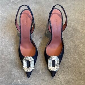 Amina Muaddi dark denim Heels with Silver Embellishment